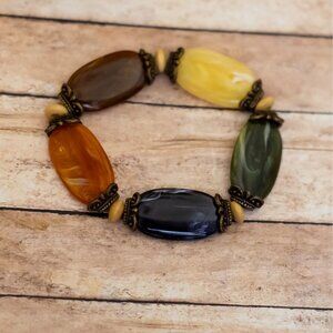 7 inch, Vintage Colorful Oval Bead Links Intricate Acrylic Bracelet - X26